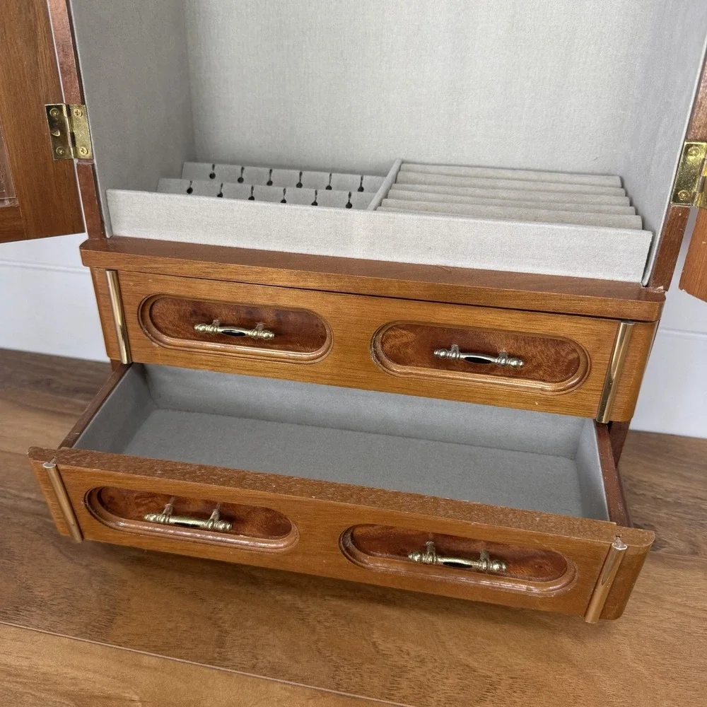 VTG Wood 2 Door Jewelry Box Armoire Cabinet w Mirror Drawers Organizer 18